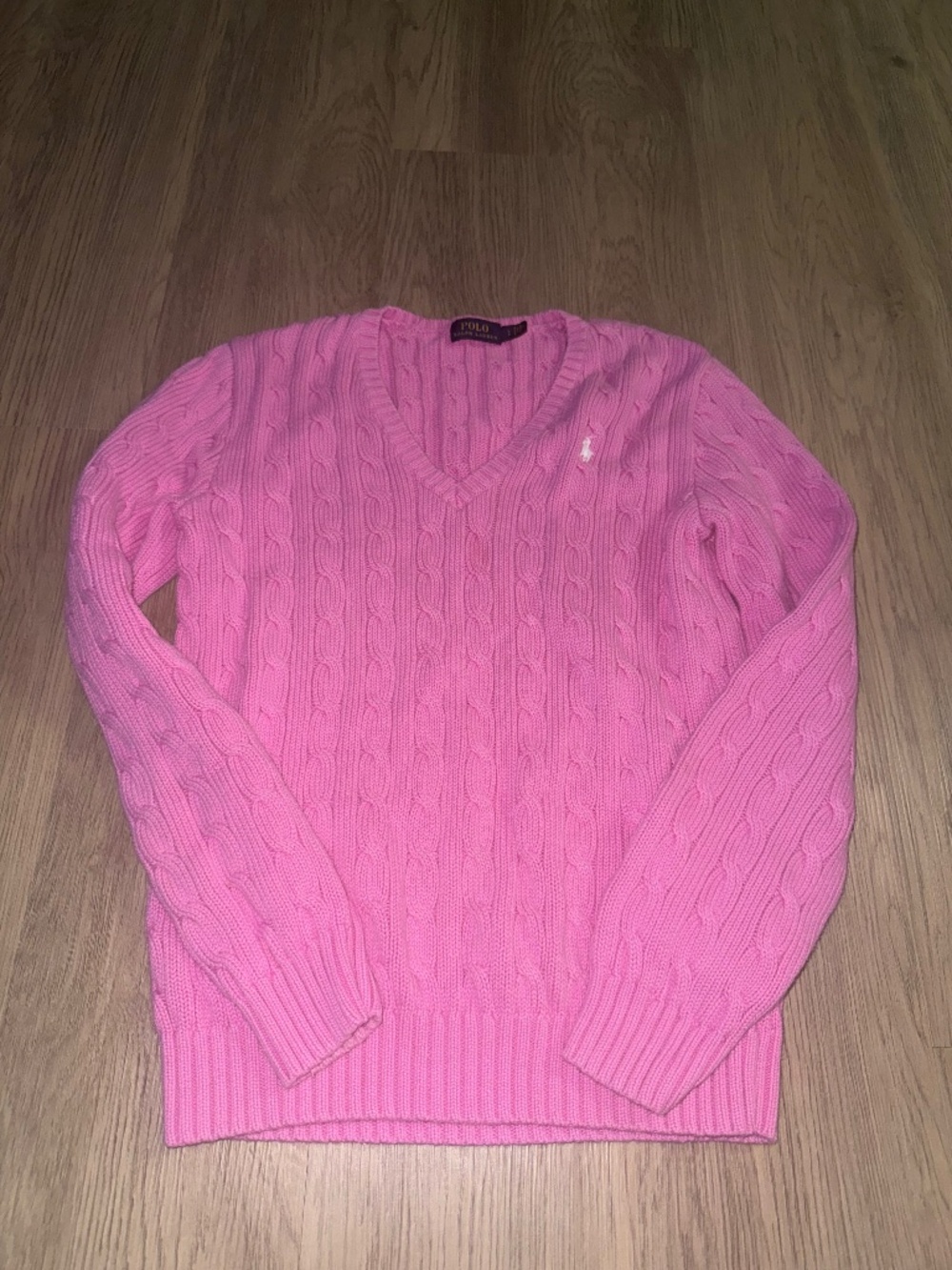 Barbiecore Polo Ralph Lauren Cable Knit Sweater Pink V-Neck Preppy Cotton